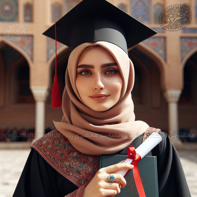 یک خانم آموزش دیده با کلاه فارغ التحصیلی و مدرک دانشگاه در دست
