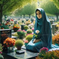 یک زن خانم در قبرستان سرسبز بر سر مزار با یک گل در دست